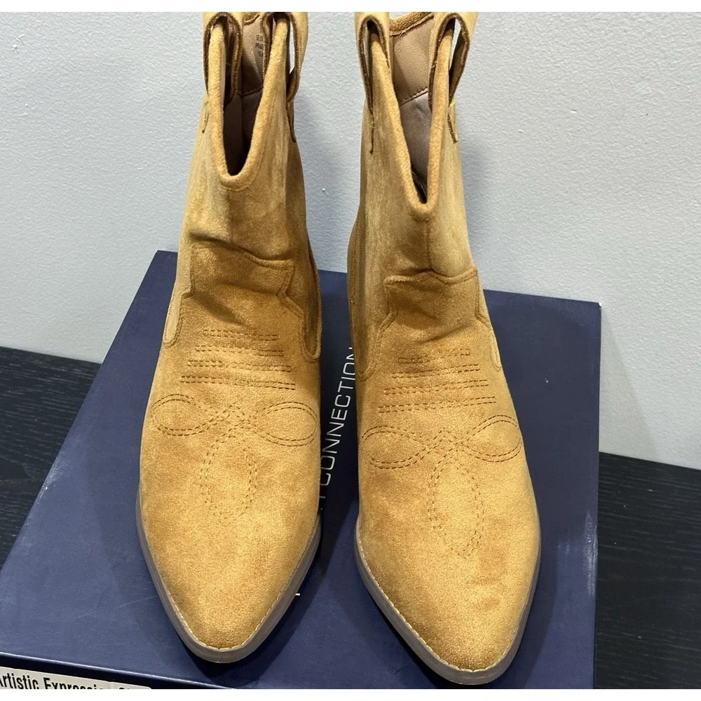 FRENCH CONNECTION COGNAC VEGAN LEATHER SUEDE WOMEN'S COWBOY STYLE BOOTS SZ 9 NIB